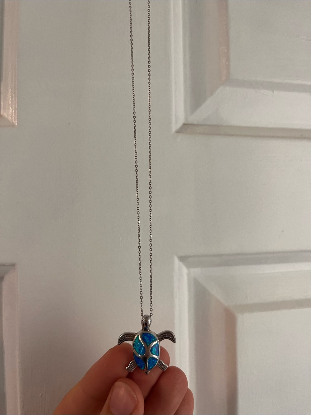 Silver Turtle Pendant Necklace with Blue Opal Inlay - Picture 3 of 4